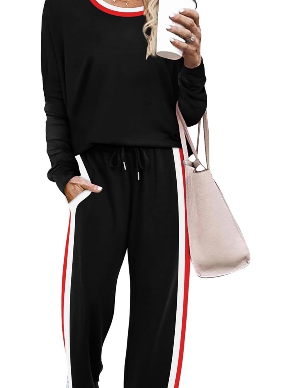 Women's Black Track Pants with Red & White Side Stripes